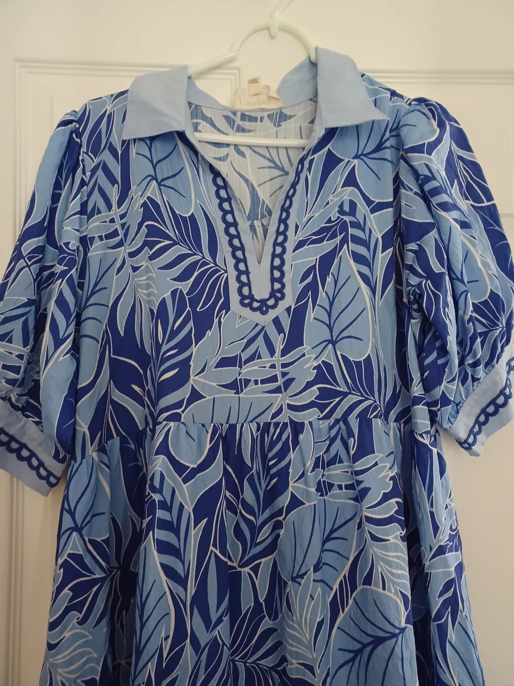 Umgee Womens Size L Blue Leaf-Print Midi Dress - Picture 3 of 11